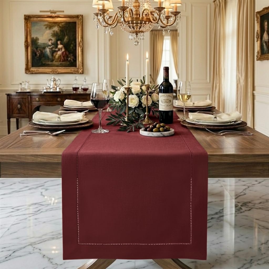 D'Moksha Homes Linen Table Runner - 14 x 48 Inch, 100% Pure Linen, Classic Hemstitch, Dark Red, Machine Washable Farmhouse Style — image 1