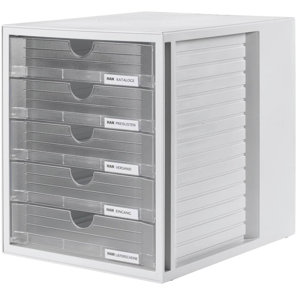 HAN drawer box SYSTEMBOX with 5 closed drawers, desk or in the cupboard, incl. pull-out lock + labeling clip, furniture-friendly rubber feet, 1450-63, light gray / translucent-clear