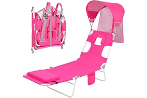 MINNDUDU Backpack Beach Tanning Chair with Canopy Sun Shade & Face Hole, 6 Position Folding Lounge Sun Chair for Adults Outside Reading Sunbathing Poolside Camping Lawn, UPF 50+, Pink, Patent Design