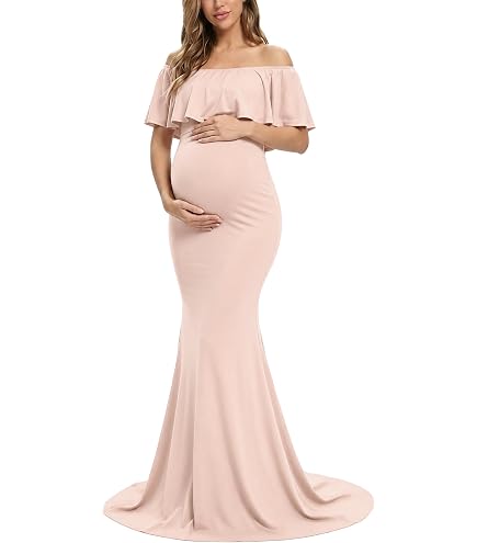 PinkBlush Cream Off Shoulder Ruffle Tiered Maternity Maxi Dress at Amazon Women's Clothing store