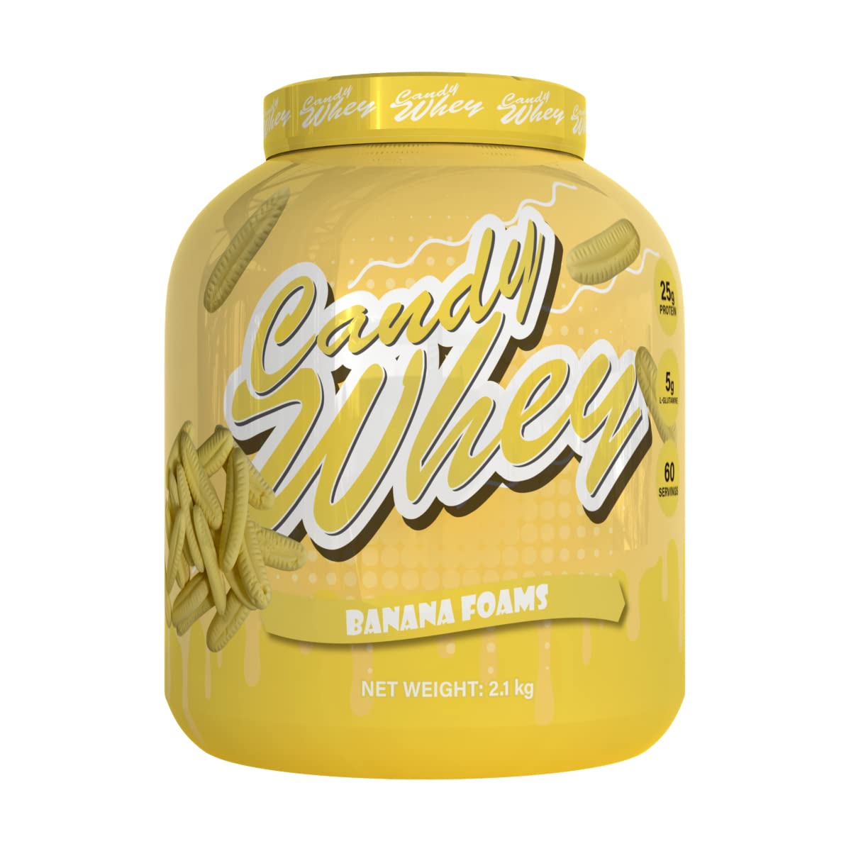 Candy Whey | 2.1kg | Muscle Building High Protein Shake | Vegetarian Friendly | 5g Glutamine Per Serving | Low Fat, Low Sugar | 60 Servings | (Banana Foams)