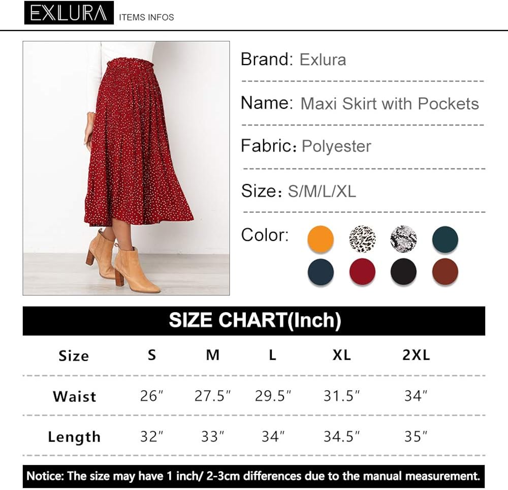 Exlura Womens High Waist Polka Dot Pleated Skirt Midi Maxi Swing Skirt with Pockets at  Women’s Clothing store