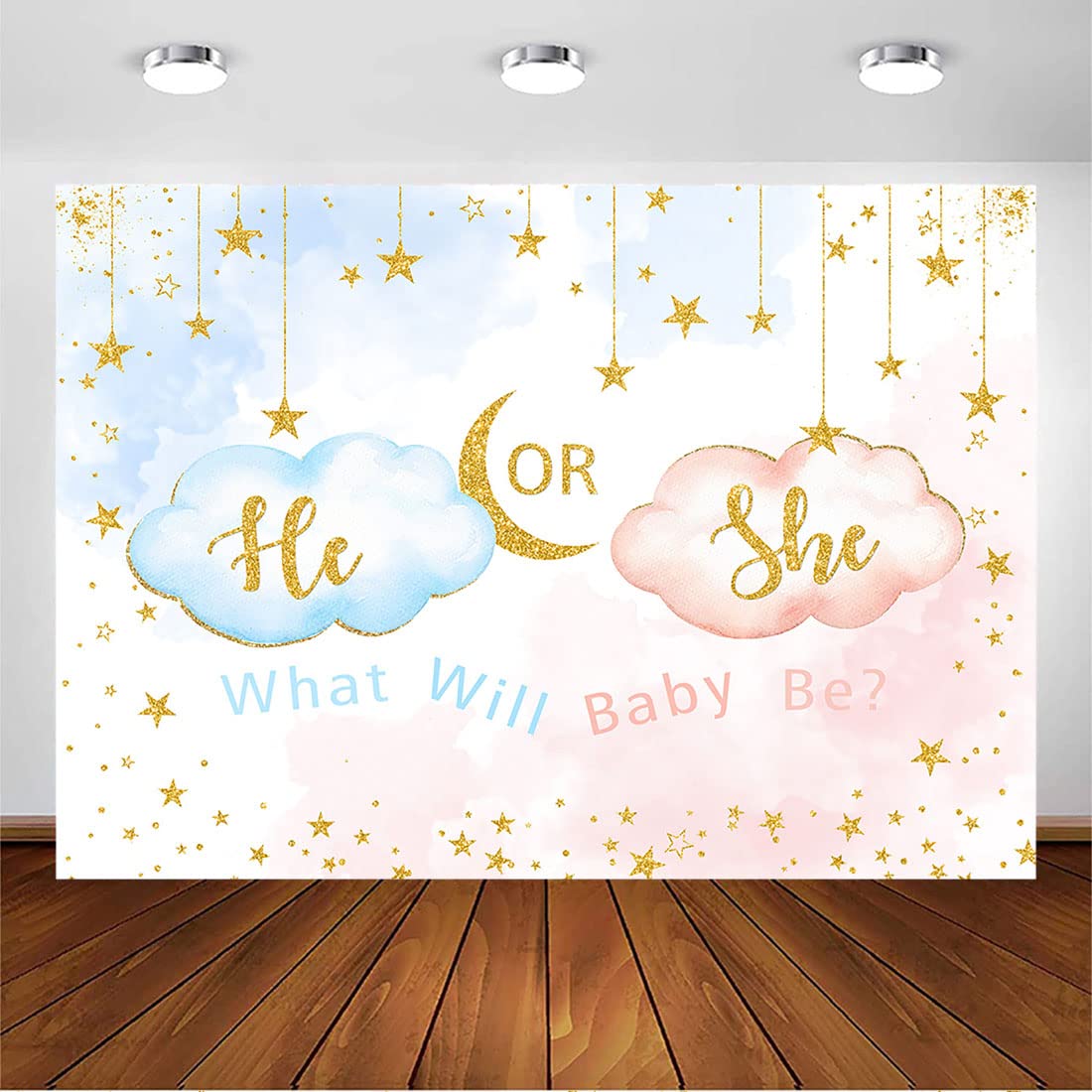 Avezano He or She Gender Reveal Backdrop Pink and Blue Cloud What Will Baby Be Photography Background Gold Star Moon Newborn Gender Reveal Party Decorations Photo Booth Props (7x5ft)