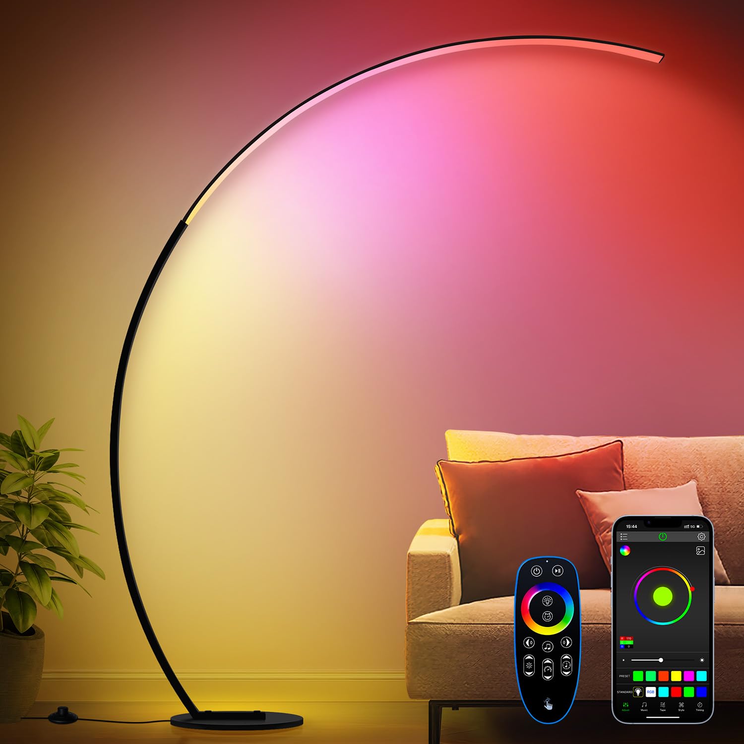 Photo 1 of ***(USED/ UNABLE TO TEST ITEM/ UNKNOWN IF MISSING PARTS)***RGB Floor Lamp with 3 Color Temperatures, Ultra Bright 1800LM Smart Arc LED Floor Lamp with Remote Control, Music Sync, Scene Modes, Modern Standing Tall Lamp for Bedroom Living Room Gaming Rooms