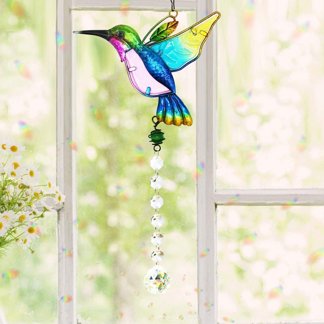 Crystal Suncatcher Hummingbird Pendant Hanging Chandelier Prism Rainbow Maker Ornament for Window Sun Catcher Home Garden Decoration(Blue)