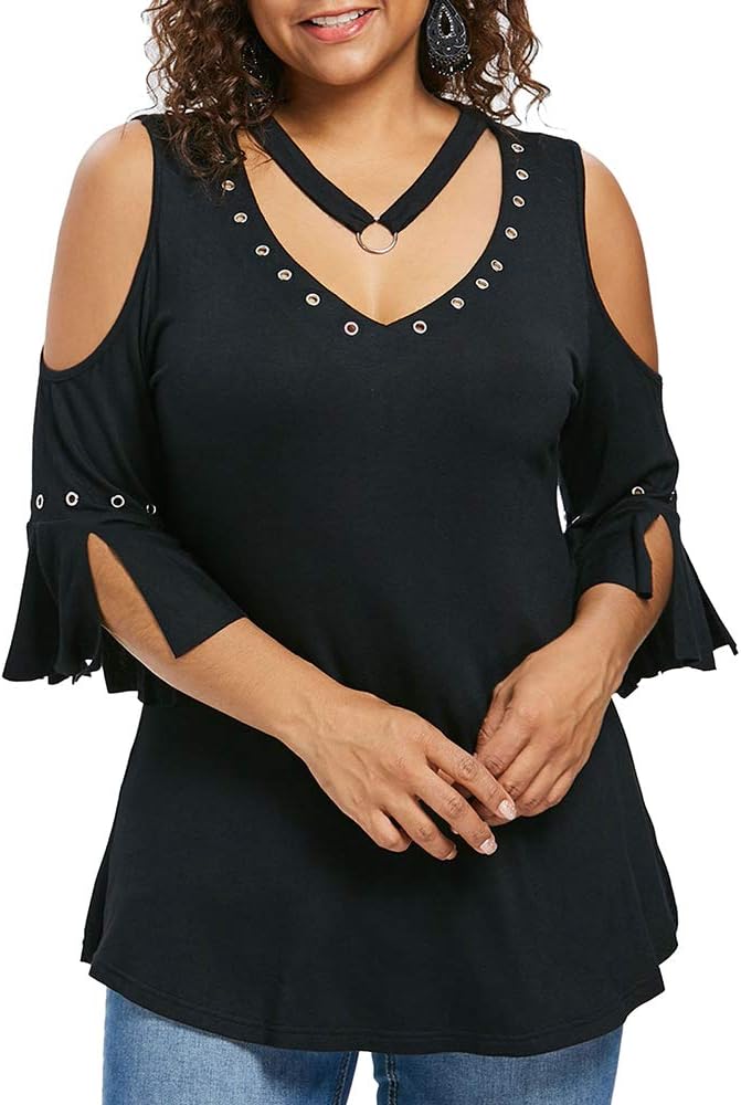 ZEZCLO Women Plus Size Cold Shoulder V-Neck Grommets Choker Blouse Shirt Tops