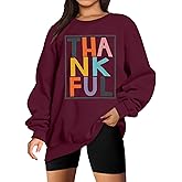 VILOVE Thankful Sweatshirt Women Thanksgiving Day Colorful Letter Print Pullover Crewneck Long Sleeve Oversized Tops