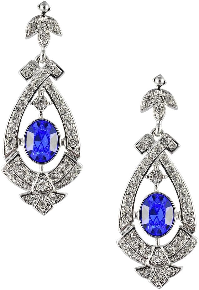 Cristalina Rhodium Plated Art Deco Drop Earrings with Sapphire Blue Crystals 5.2cm Long