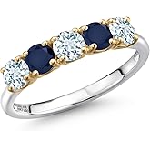 Gem Stone King 925 Silver and 10K Yellow Gold Sky Blue Aquamarine and Blue Sapphire Wedding-Bands Ring For Women | 1.45 Cttw | Round 4MM | Gemstone March Birthstone