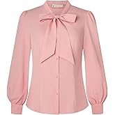 Belle Poque Women's Bow Tie Neck Blouse - Button Down Long Sleeve Collared Shirt for Work Office Casual