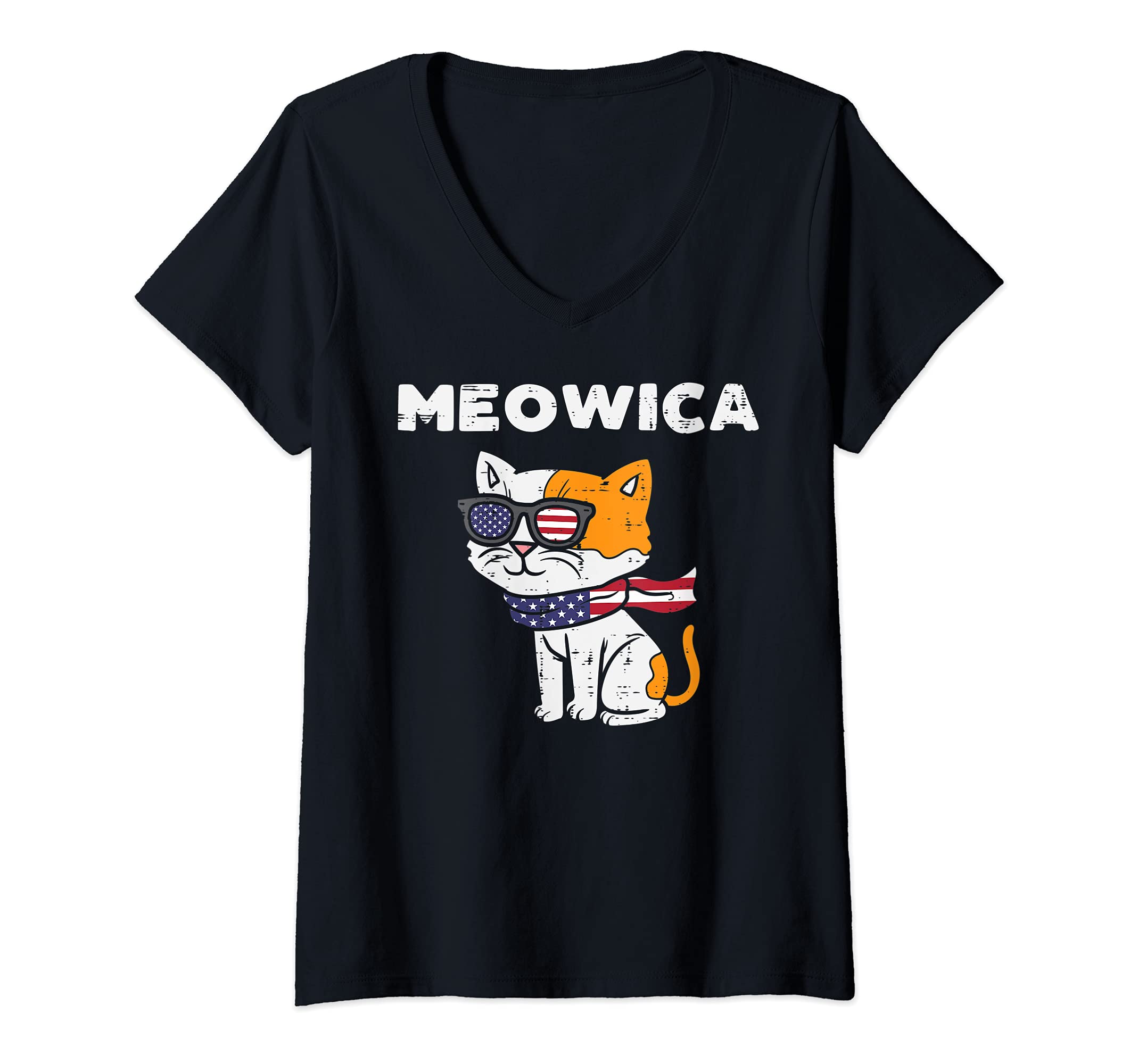 Womens Meowica Cat Kitten American Flag USA Pet 4th Of July Fourth V-Neck T-Shirt