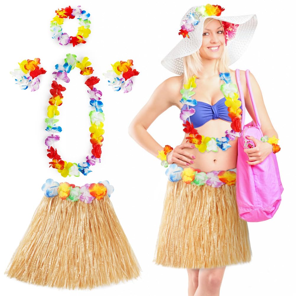 Aomig Hawaiian Grass Skirt & Garlands, Tropical Fancy Straw Color Dress Headband Necklace Wristband Flower Leis for Kids, Adults & Women - Summer Beach Party