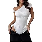 SHENHE Women's Summer Ruched Short Sleeve Asymmetrical Metal Ring Dressy Going Out Bodysuit
