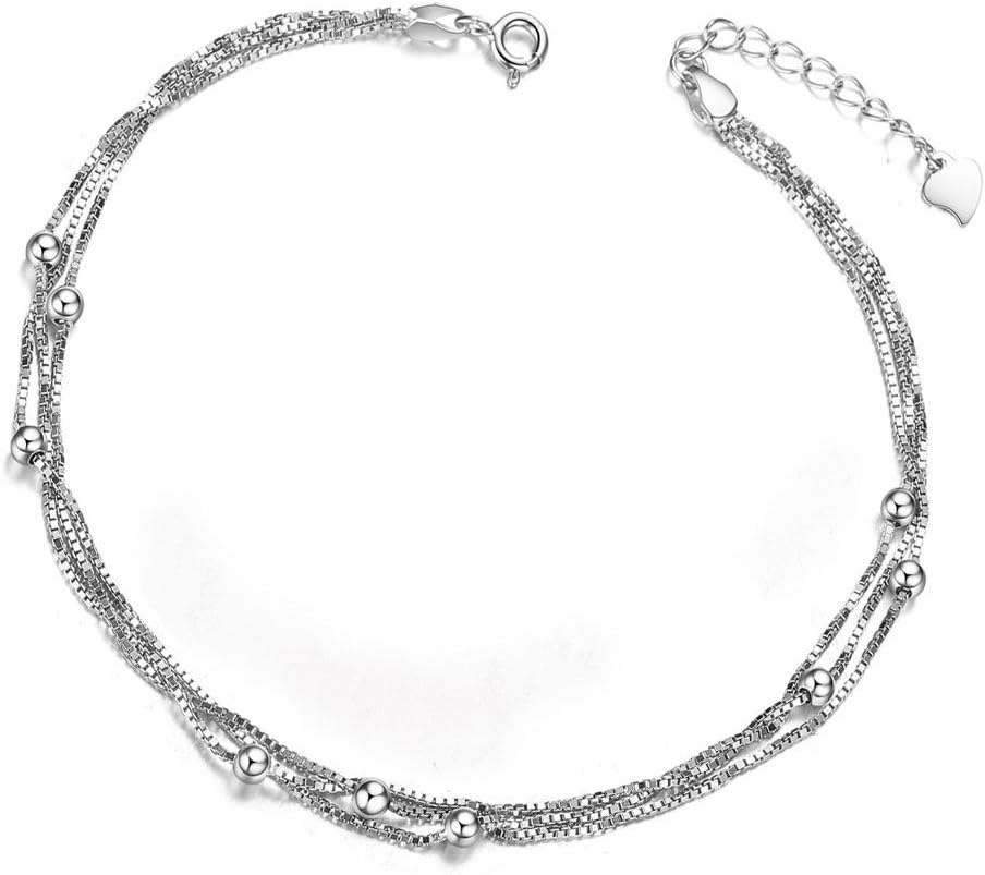 Mmiiss Multi Layer Chain Anklets with Small Beads 925 Sterling Silver Fashion Anklets for Woman