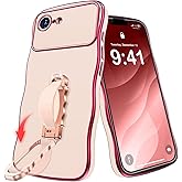 Miss Arts for iPhone 16e Case with Stand, Wavy Edge Phone Case with Finger Grip Strap, Women Girls Luxury Cute Slim Protective Cover for iPhone 16 e, Pink