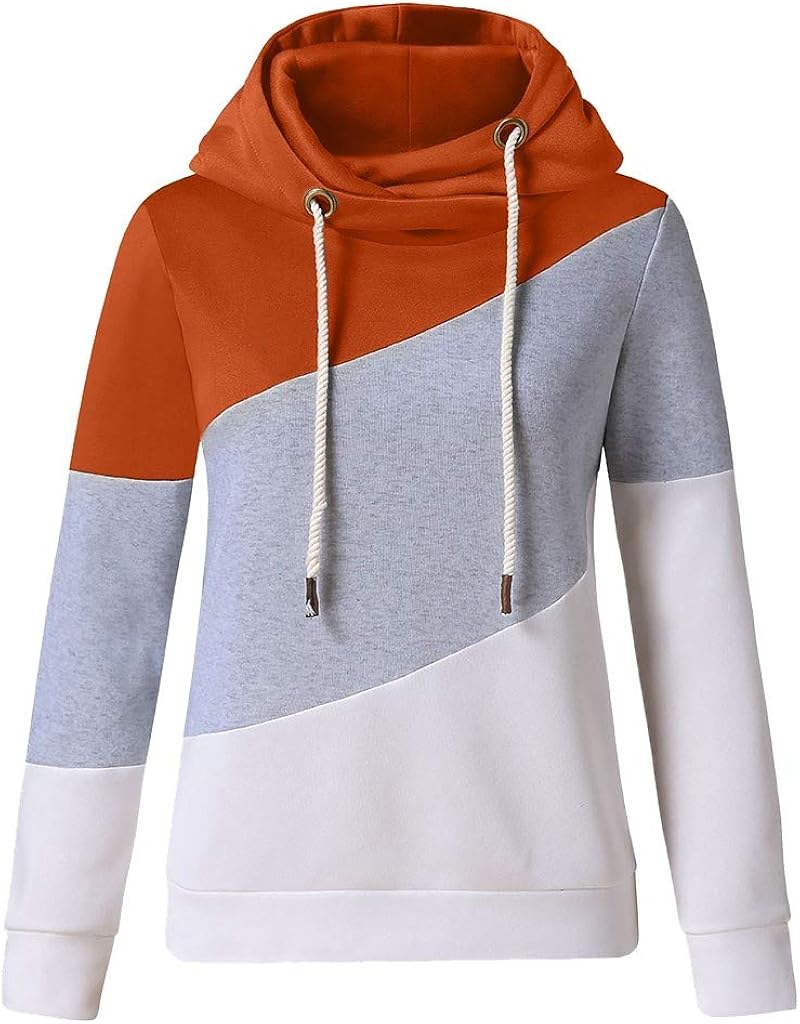 VEKDONE Women Plus Size Cowl Neck Color Block Striped Tunic Sweatshirt Drawstring Loose Hoodie Pullover Casual Tops: Clothing