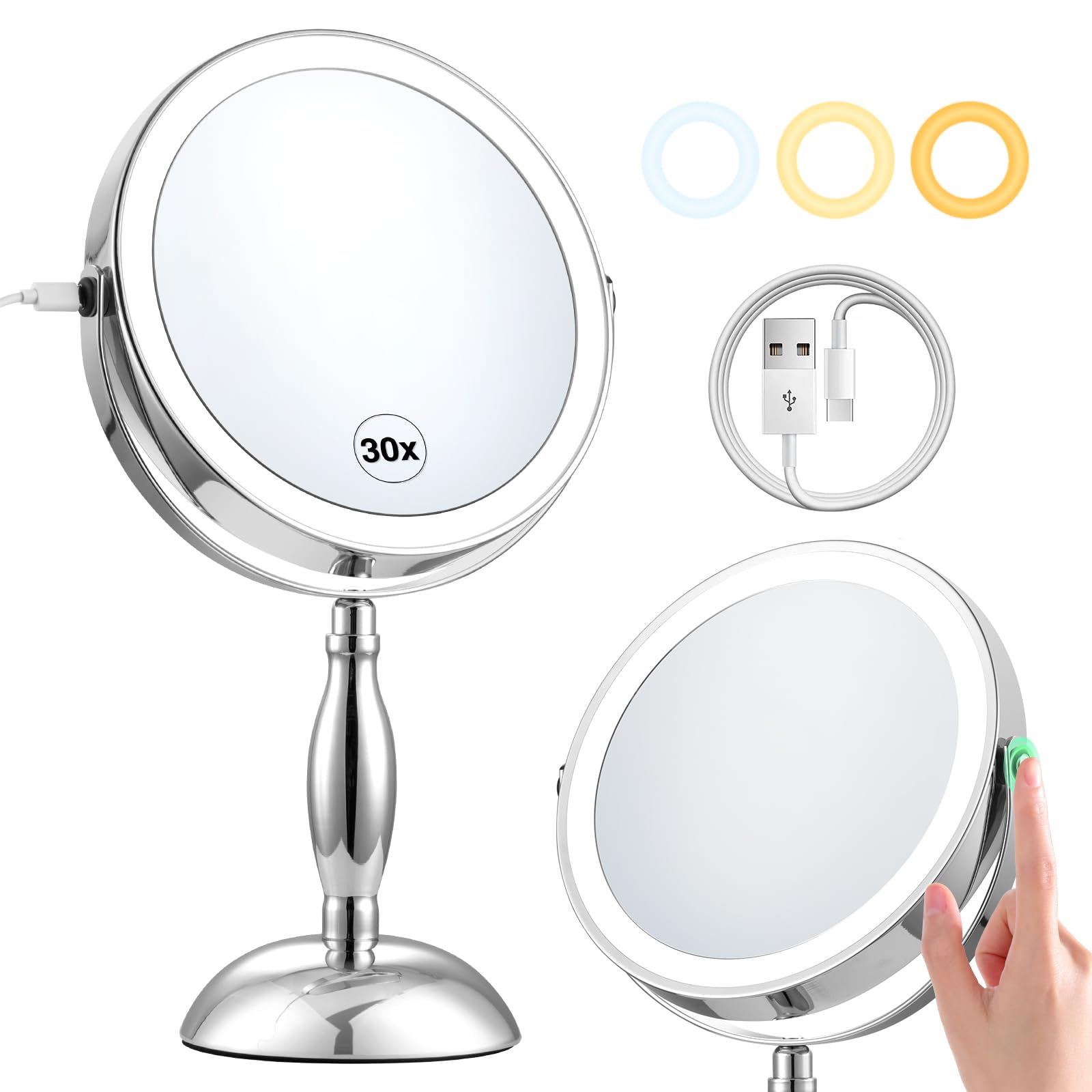 Photo 1 of DASLAVA 30x Magnifying Mirror, Lighted Makeup Mirror with 3 Colors Modes & Adjustable Brightness, 360° Rotation Double Side, Large Magnifying Vanity Mirror, Gifts for Women