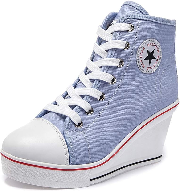 Nesyd Women's Sneaker High-Heeled Canvas Shoes High-Top Wedge Sneakers Platform Lace up Side Zipper Pump Fashion Sneakers