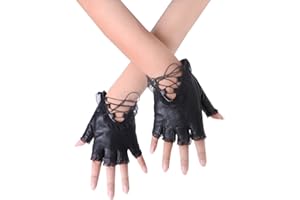 JISEN Women PU Leather Punk Gloves Rivets Belt Up or Snap Half Finger Performance Mittens