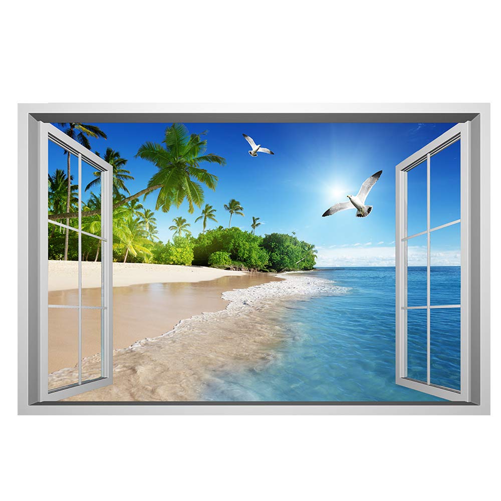 Lichi 3D Fake Window Wall Sticker of Beach Scenery View Mural Decal for Home Decoration