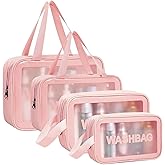 Aucuu 5PCS Clear Toiletry Bags, Wash Bag, Clear PU Makeup Bag, Waterproof Toiletry Travel Bag with Zipper Handle, Portable Airport Cosmetic Bag for Travel Bathroom Men Women (Pink)