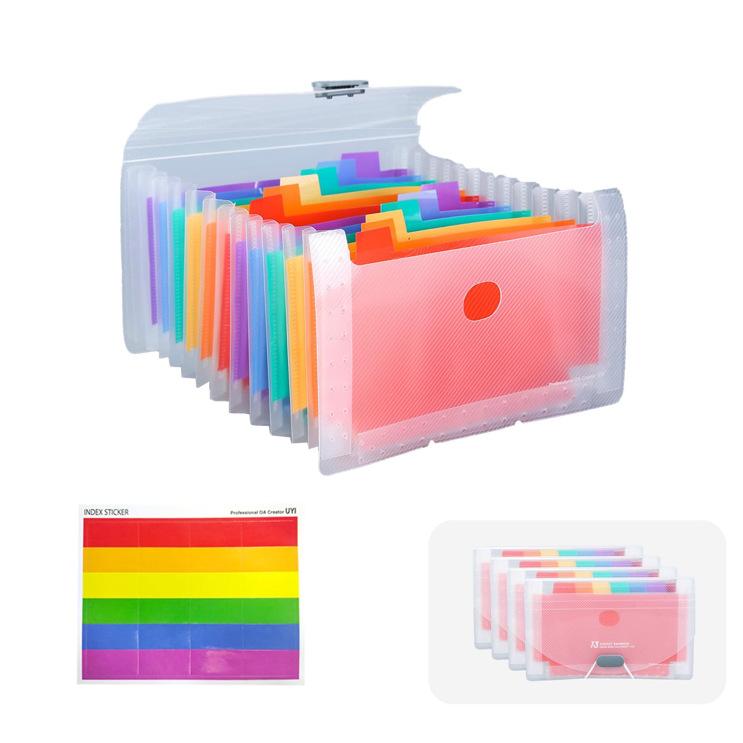 ZZMORNI 4 Pack A6 Folders, A6 Size Document Folders,13 Pockets File Folder Organiser,Portable Rainbow Folder,with Coloured Label Stickers (White x 4)