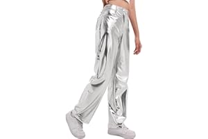 ODIZLI Pettie Women's Shiny Metallic Holographic High Waist Straight Leg Faux Leather Pants with Pockets