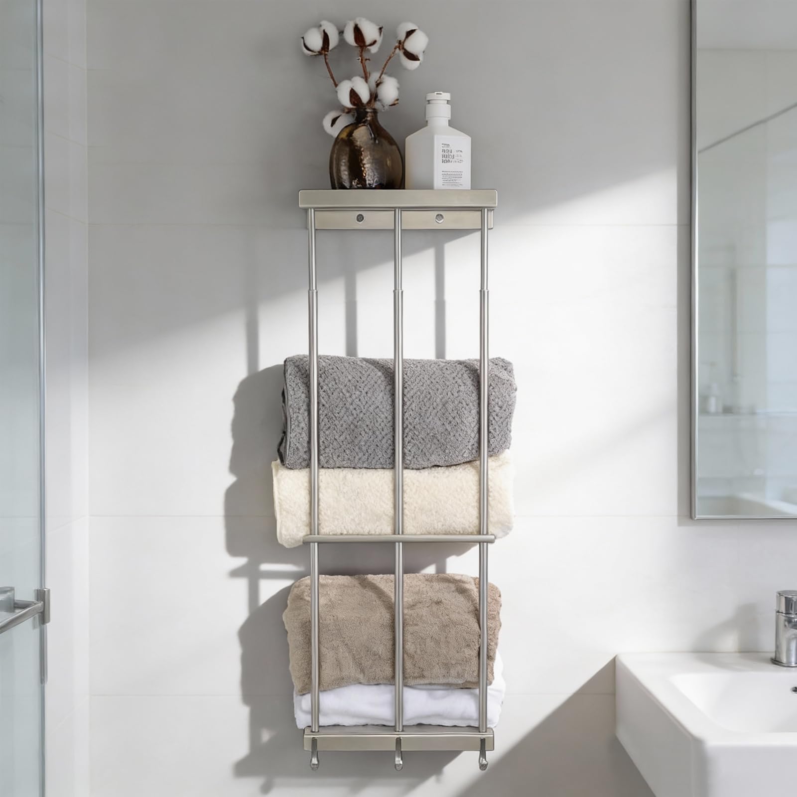 Womamny Extendible Towel Rail Bathroom Made of Rustproof V2A Stainless Steel (DIN 1.4301) with XXL Capacity and 3 Towel Hooks, Height Adjustment 65-93 cm