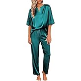 Ekouaer Satin Pajama Set Womens Silk Short Sleeve V Neck Shirt with Long Pant Soft Loungewear Pjs Set
