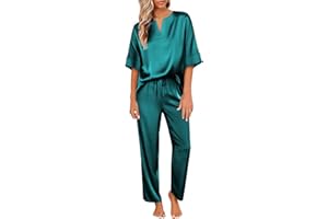 Ekouaer Satin Pajama Set Womens Silk Short Sleeve V Neck Shirt with Long Pant Soft Loungewear Pjs Set