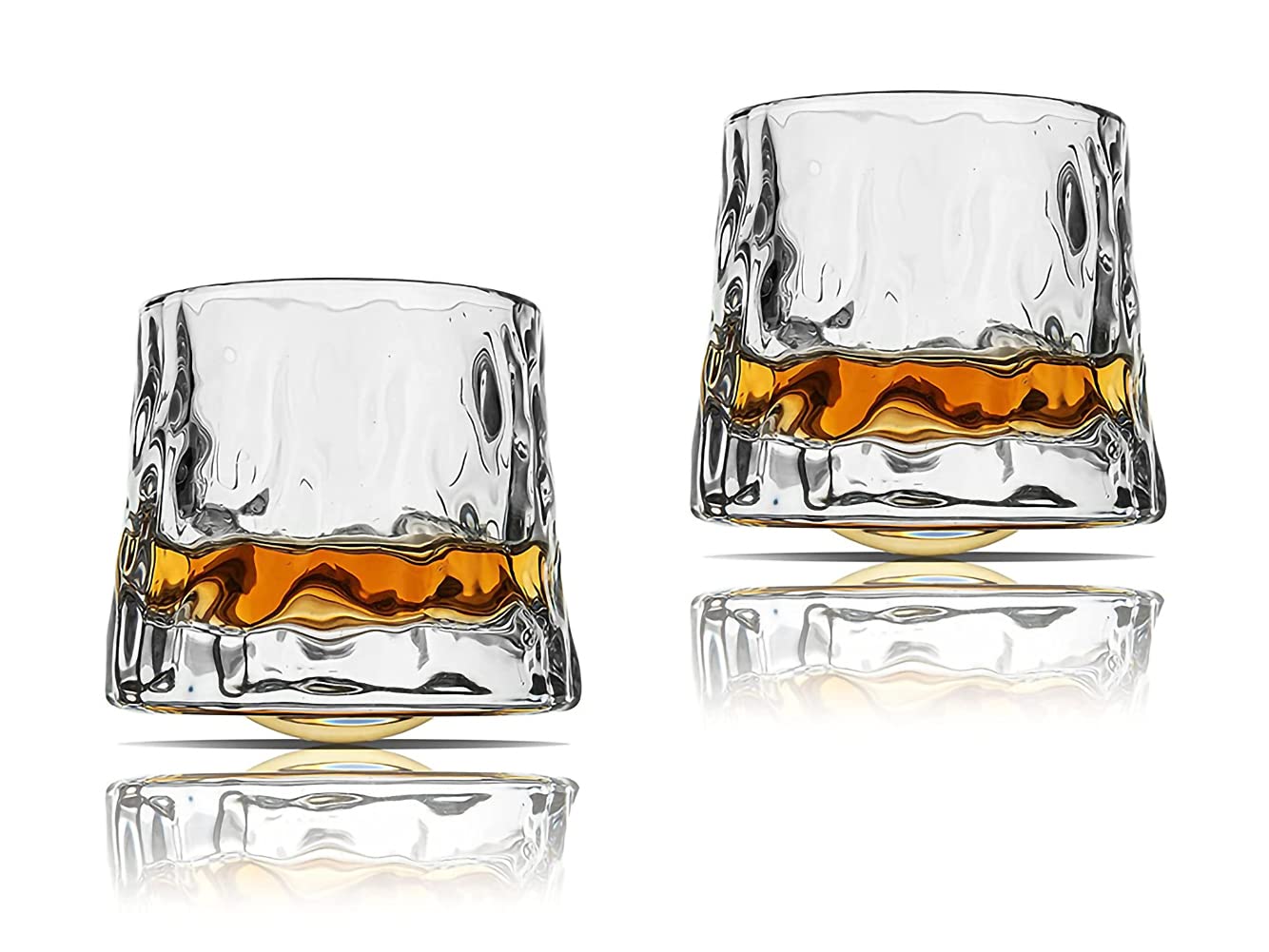 Earnmore Whiskey Glasses Rotatable Decompression Old Fashioned Whiskey Glasses Set of 2 - Bar Whiskey Glasses - Style Glassware for Bourbon - Glasses for Scotch - Rum Glasses (Hammer Texture, 9 oz)