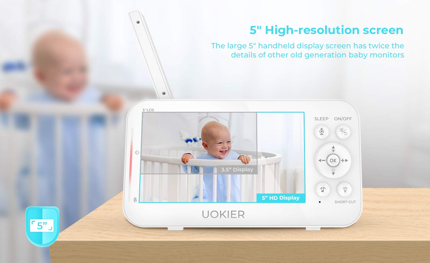 Baby Monitor, UOKIER 5" Video Baby Monitor with Camera and Audio, 1080P HD Baby Camera, 5200 mAh Battery, 1000ft Range, 2-Way Audio, Auto Night Vision, Temperature Monitoring, Lullabies : Baby