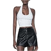 SweatyRocks Women's Rhinestone Halter Tops Sleeveless Slim Fit Cropped Tank Top