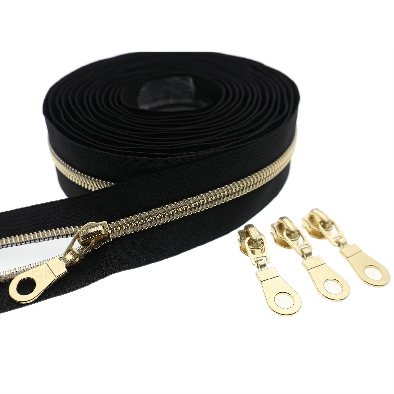 Photo 1 of #5 Gold Metallic Nylon Coil Zipper by The Yard, Bulk 10 Yards Black Tape Gold Teeth with 25PCS Gold Zippers Pulls for Sewing, Bags, Purses YIGUANXIN