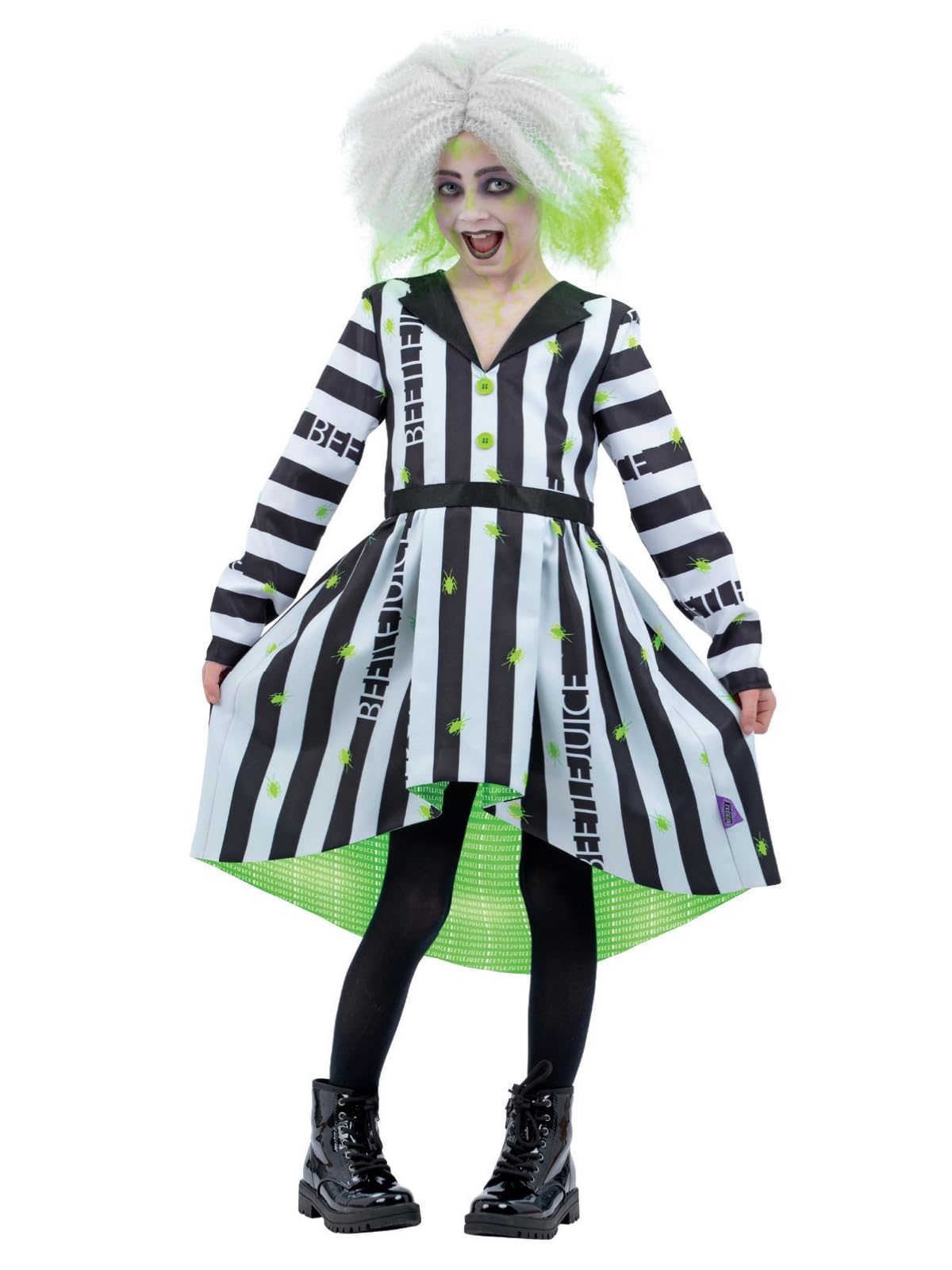 Smiffys Beetlejuice Child Costume, Striped Dress, Official Warner Bros Halloween Fancy Dress, Black & White Classic Outfit, Kids Movie Character Costume, Age 7-9
