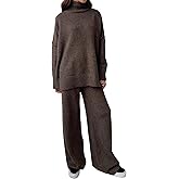 SHINFY Women's 2 Piece Outfit Fall Sweater Lounge Sets Mock Neck Knit Tops Wide Leg Pant Sweatsuits Tracksuit Set