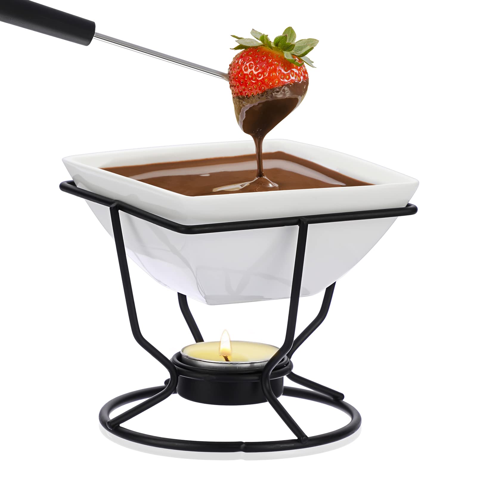 BSTKEY Ceramic Butter Warmer Chocolate Fondue Pot, Square Home Tea Light Candle Fondue Set with 2 Forks for Chocolate or Cheese, 200ml