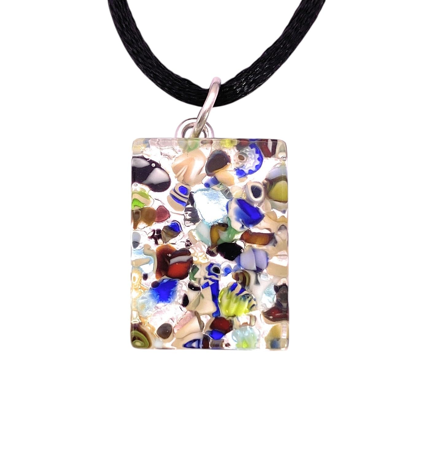 Murano Glass Millefiori Pendant, Murano Jewellery from Venice Italy, Handmade Venetian Glass Pendant on Silver Leaf, Dainty in size 2cm x 1.5cm (Pixie MGPP30)