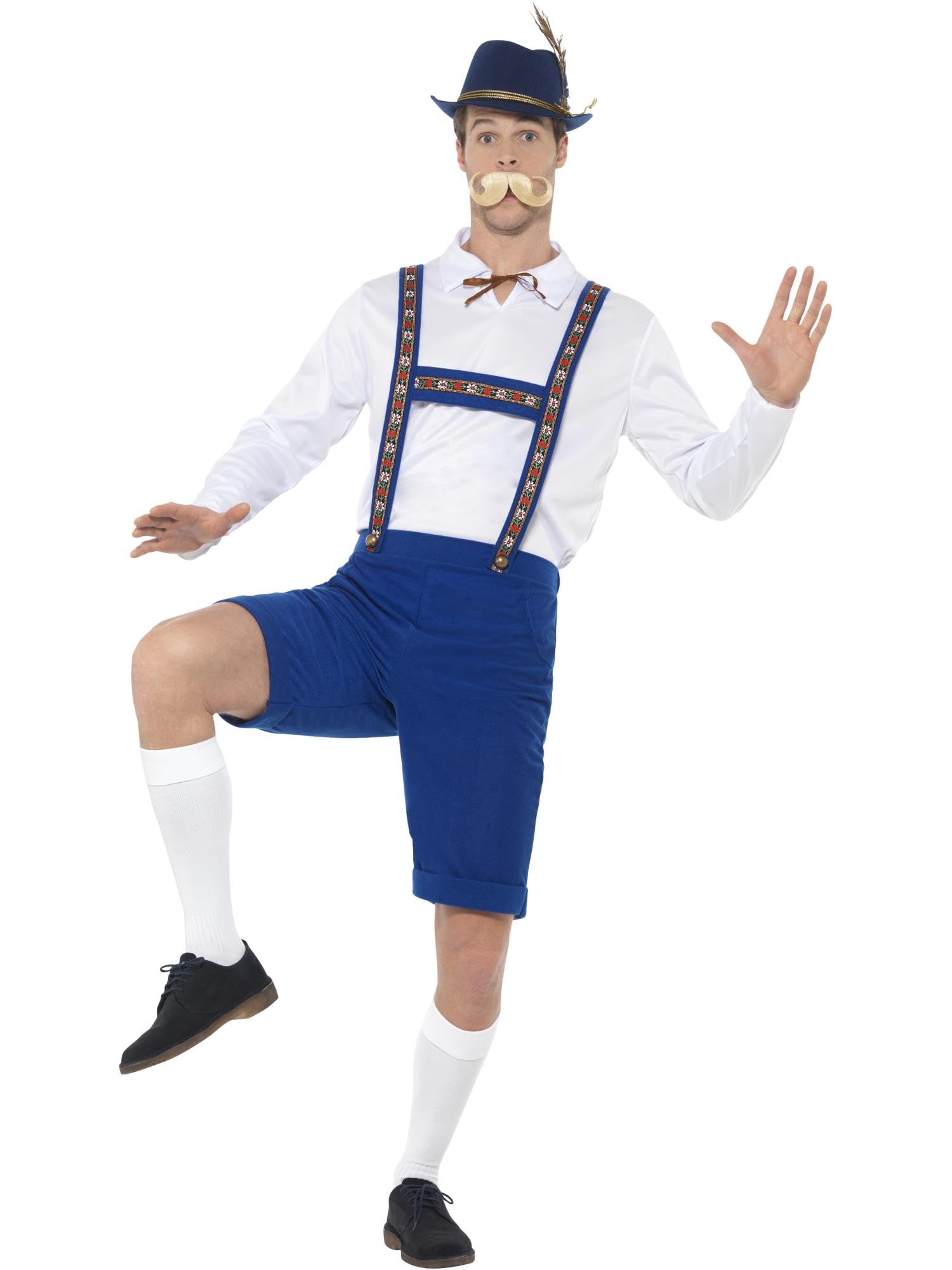 Smiffys Bavarian Costume, Blue with Shirt & Lederhosen, Oktoberfest Fancy Dress, Adult Dress Up Costumes
