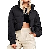Gihuo Women's Winter Puffer Jacket Cropped Lightweight Zip Up Padded Coat Oversized Stand Collar Short Quilted Jackets