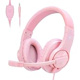 Gaming Headset for Xbox One, PS4, PS5, Nintendo Switch, Bass Surround and Noise Cancelling 3.5mm Over Ear Headphones with Mic for Laptop PC Smartphones, Pink