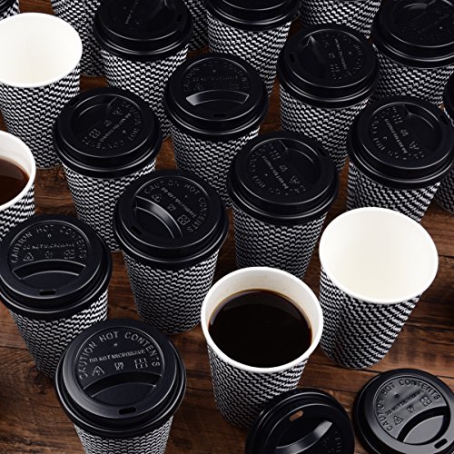 Disposable Hot Coffee Insulated Cups By Golden Spoon – 50 Pack Set Complete With Lids – Stylish Contemporary Ripple Design - Perfect For Take Away Coffee Shops And Bars (16 oz, Checkered Design)