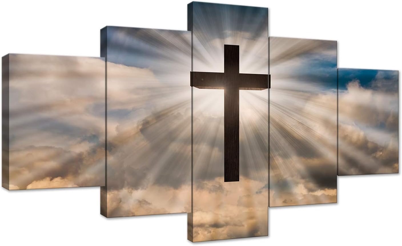 AMEMNY Jesus Christ Cross Wall Art Canvas Painting Print Poster 5 Panel on A Dramatic Sky with Clouds Background Painting Christian Wall Decoration for Living Room Framed Ready to Hang