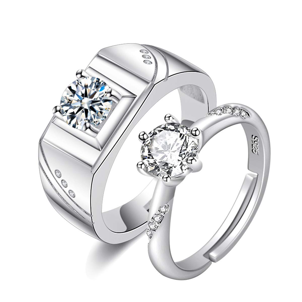 Uloveido 2Pcs His and Hers Wedding Rings Set Simulated Diamond Solitaire Engagement Promise Ring and Wedding Bands Set for Couples Y848-Silver