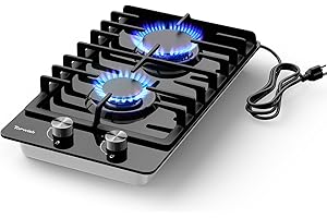 TOPWISH 2 Burners Gas Cooktop, 12 Inch Black Tempered Glass Propane Stove Top Built-in NG/LPG Convertible Gas Hob StoveTop 18,000BTU with Flame-out Protection for Rvs Kitchen Apartment Outdoor