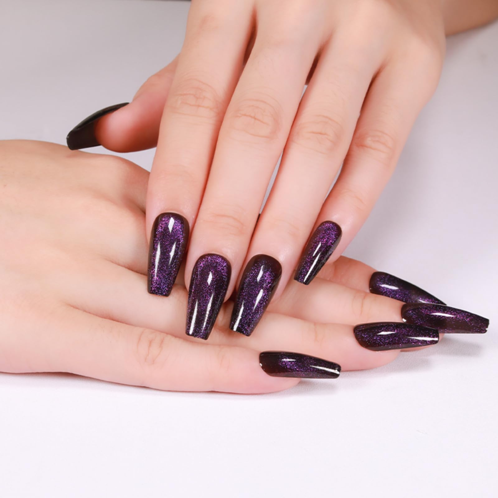 Gentle Claws Press On Nails - Midnight Purple | Dark Purple Glitter Velvet Nails, Medium Coffin Squared Press On Nails with Cat Eye Design for Women and Girls, 24 Pcs Reusable Purple Fake Nails - Image 2