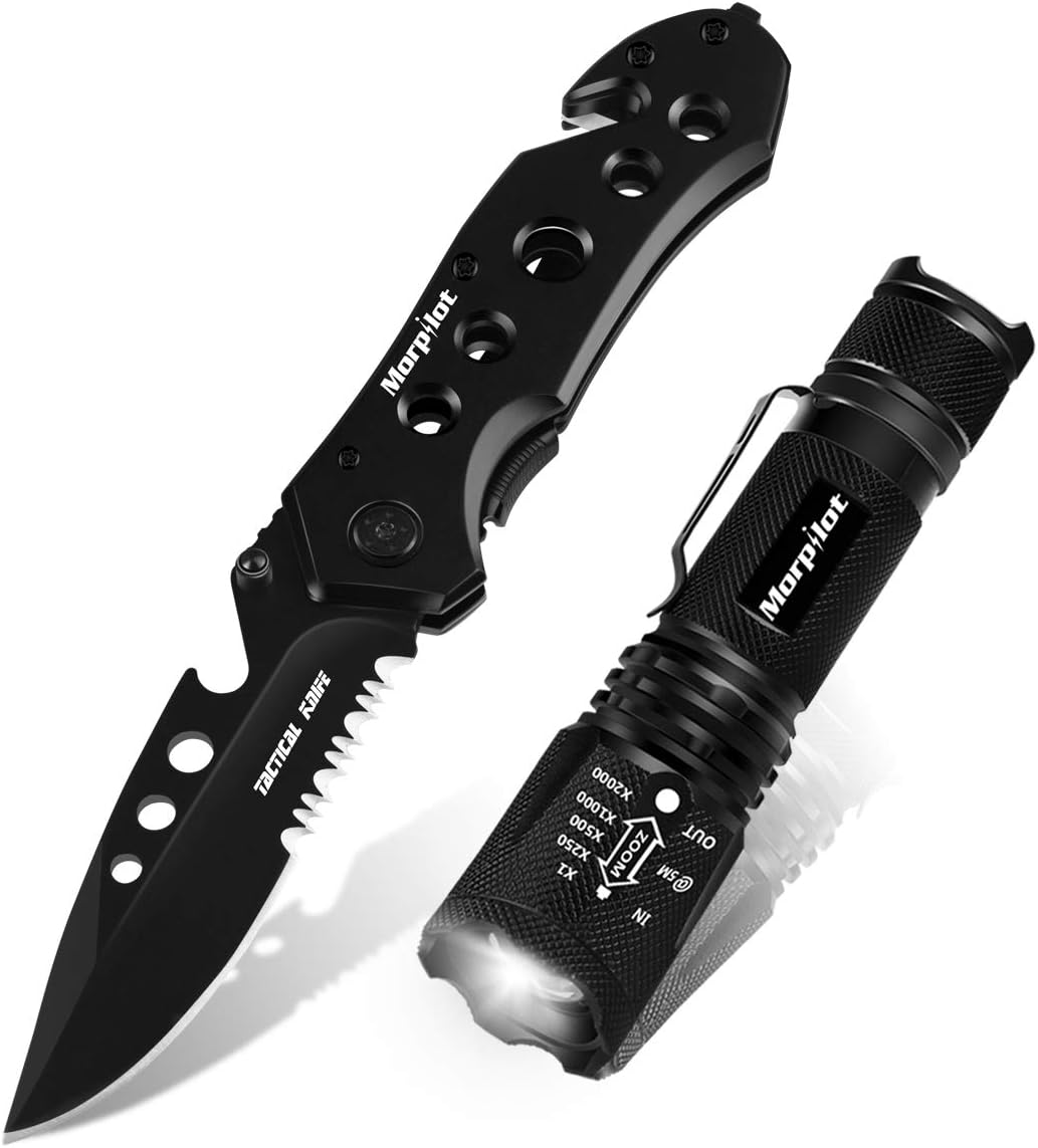 Amazon Morpilot 折りたたみナイフ Led懐中電灯 5 In 1 サバイバルナイフとズーム式5モードブラックライト 500ルーメン アウトドア セット 防災 釣り用 登山 キャンプ Morpilot フォールディングナイフ