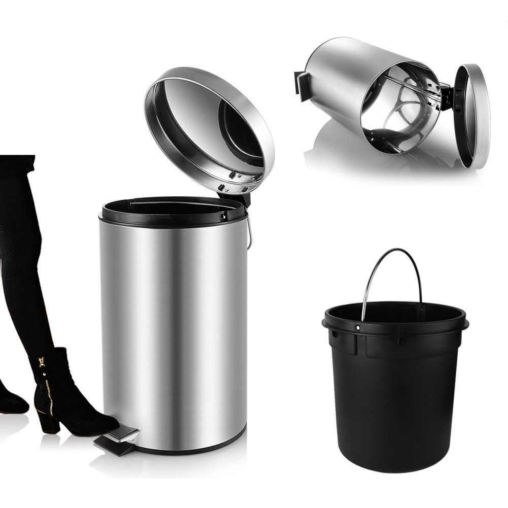 Mini Round Trash Can with Lid Soft Close, Bathroom Trash Can with Removable Inner Wastebasket, Fingerprint-Proof Brushed Stainless Steel, 0.8 Gallon/3 Liter
