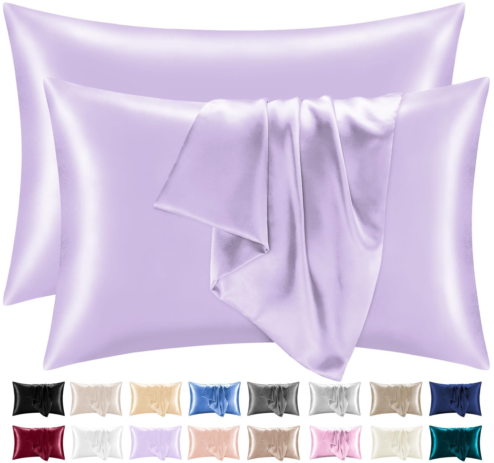 Lazzaro Satin Silk Pillowcases for Hair and Skin - Hypoallergenic Silk Pillow Cases 2 Pack with Envelope Closure - Ultrasoft Standard Size Purple Silk Pillowcases (50 x 75 cm)
