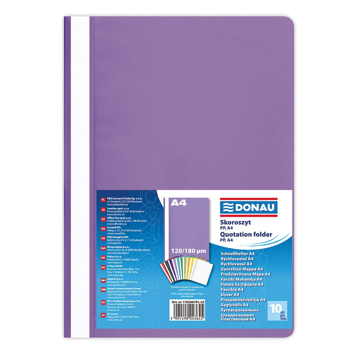DONAU 1702001PL-23 Plastic File Folder A4 Purple Plastic Polypropylene 120/180 µm with Transparent Lid for Office and School Capacity Approx. 200 Sheets Pack of 10